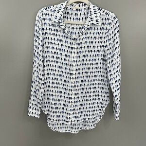 Jane and Delaney Button Down Women Small White Blue Bird Print Great Rayon Top